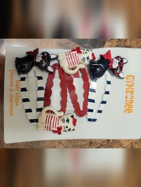 Gymboree Frencg Cat Dog  Hair Clip Set - Red, Navy & White Nwt